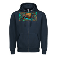 Navy Bison with leopard and turquoise Zipper Hoodie - RanaPortraitStore