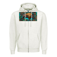 Oatmeal Heather Bison with leopard and turquoise Zipper Hoodie - RanaPortraitStore