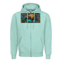 Seafoam Bison with leopard and turquoise Zipper Hoodie - RanaPortraitStore