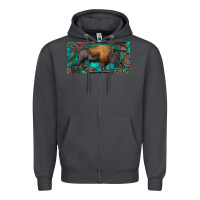 Smoke Bison with leopard and turquoise Zipper Hoodie - RanaPortraitStore