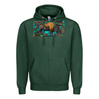 Sports Green Bison with leopard and turquoise Zipper Hoodie - RanaPortraitStore