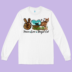 Peace Love Bengal Cat Long Sleeve Tee Designed By Lillyallendesigns