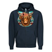 Navy highland cow serape floral headband horseshoe Zipper Hoodie - Jasminsmagicworld