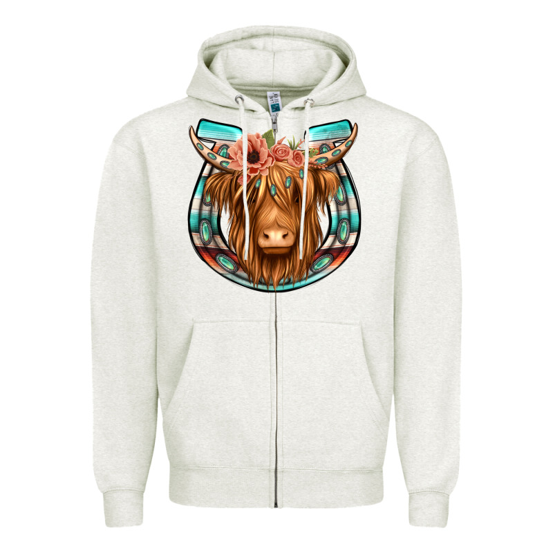 Highland Cow Serape Floral Headband Horseshoe Zipper Hoodie by Jasminsmagicworld | Teevron