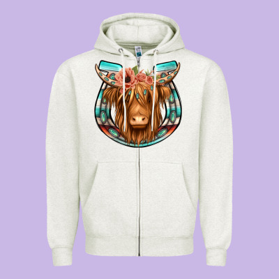 Highland Cow Serape Floral Headband Horseshoe Zipper Hoodie Designed By Jasminsmagicworld