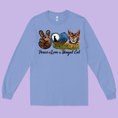Peace Love Bengal Cat Head Long Sleeve Tee Designed By Lillyallendesigns