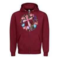 Burgundy Cross With Floral Wreath And Easter Eggs Zipper Hoodie - RanaPortraitStore
