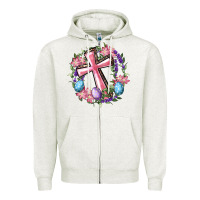 Oatmeal Heather Cross With Floral Wreath And Easter Eggs Zipper Hoodie - RanaPortraitStore