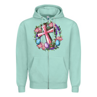 Seafoam Cross With Floral Wreath And Easter Eggs Zipper Hoodie - RanaPortraitStore