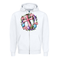 White Cross With Floral Wreath And Easter Eggs Zipper Hoodie - RanaPortraitStore
