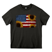 Asphalt Distressed Yellow Sunflower American Flag Heavy Core Tee - Jasminsmagicworld
