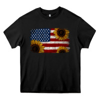 Black Distressed Yellow Sunflower American Flag Heavy Core Tee - Jasminsmagicworld