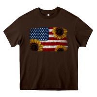 Chocolate Brown Distressed Yellow Sunflower American Flag Heavy Core Tee - Jasminsmagicworld