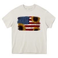 Cream Distressed Yellow Sunflower American Flag Heavy Core Tee - Jasminsmagicworld
