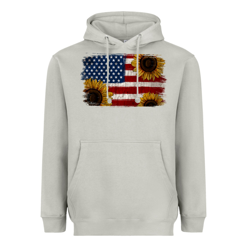 Distressed Yellow Sunflower American Flag Heavyweight Hoodie by Jasminsmagicworld | Teevron