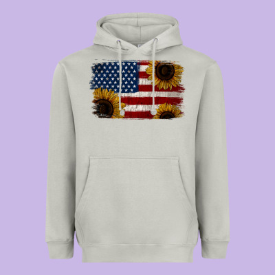 Distressed Yellow Sunflower American Flag Heavyweight Hoodie Designed By Jasminsmagicworld