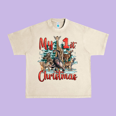 My First Christmas Baby Safari Animals Urban Heavy Tee Designed By Lillyallendesigns