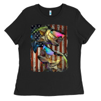 Black American Flag With Bass Fish Ladies Tee - LillyAllenDesigns