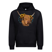 Black highland cow with sunflowers turquoise Urban Hoodie - RanaPortraitStore