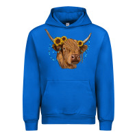 Cobalt highland cow with sunflowers turquoise Urban Hoodie - RanaPortraitStore
