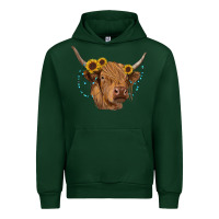 Forest Green highland cow with sunflowers turquoise Urban Hoodie - RanaPortraitStore