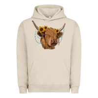 Pigment French Oak highland cow with sunflowers turquoise Urban Hoodie - RanaPortraitStore