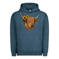 Pigment Midnight Navy highland cow with sunflowers turquoise Urban Hoodie - RanaPortraitStore
