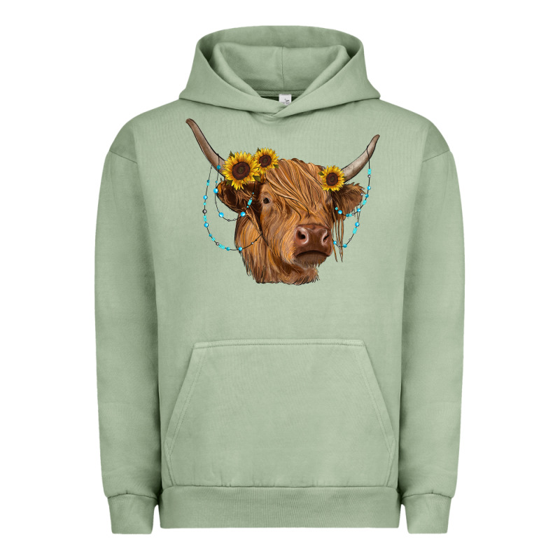 Highland Cow With Sunflowers Turquoise Urban Hoodie by RanaPortraitStore | Teevron