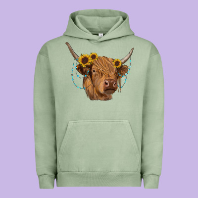 Highland Cow With Sunflowers Turquoise Urban Hoodie Designed By Ranaportraitstore