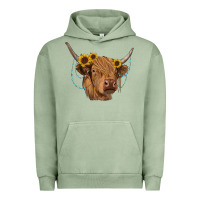 Pigment Oil Green highland cow with sunflowers turquoise Urban Hoodie - RanaPortraitStore