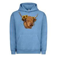 Pigment Pebble Blue highland cow with sunflowers turquoise Urban Hoodie - RanaPortraitStore