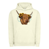 Pigment Pistachio highland cow with sunflowers turquoise Urban Hoodie - RanaPortraitStore
