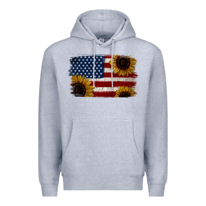 Distressed Yellow Sunflower American Flag Premium Hoodie by Jasminsmagicworld | Teevron