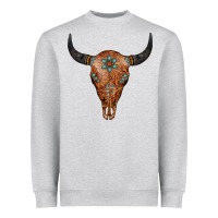 Heather Grey Western Tooled Leather Bull Skull Heavyweight Sweatshirt - Jasminsmagicworld