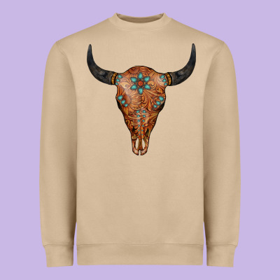Western Tooled Leather Bull Skull Heavyweight Sweatshirt Designed By Jasminsmagicworld