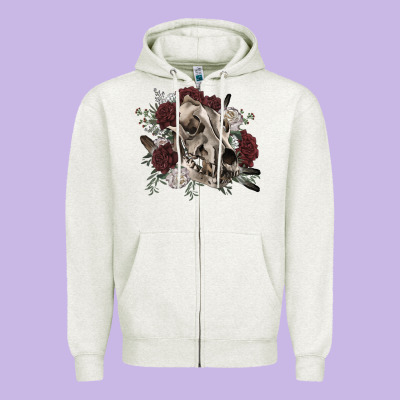 Floral Boho Wolf Skull Zipper Hoodie Designed By Ranaportraitstore
