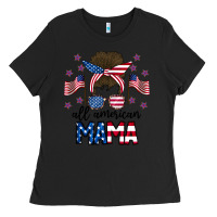 Black All American Mama Messy Buny Ladies Tee - CowhideDigitalArt