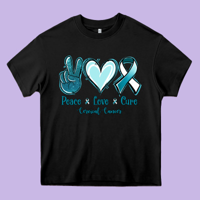 Peace Love Cure Cervical Cancer Heavy Core Tee Designed By Jasminsmagicworld