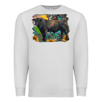 Dove Grey black angus bull with aztec and farm background Premium Sweatshirt - RanaPortraitStore