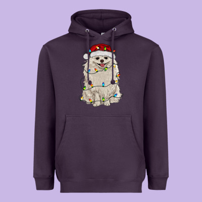 White Pomeranian With Christmas Lights Heavyweight Hoodie Designed By Ranaportraitstore