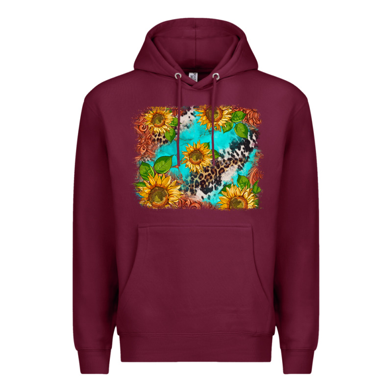 Western Sunflowers Turquoise Cowhide  Tooled Leather Premium Hoodie by BarkalooDesign | Teevron