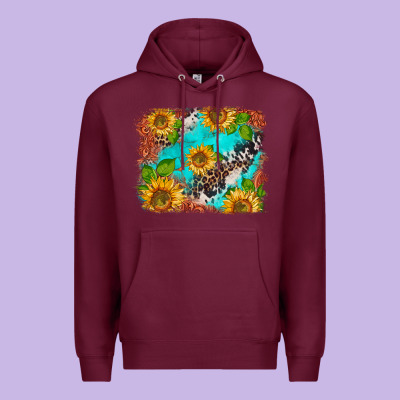 Western Sunflowers Turquoise Cowhide  Tooled Leather Premium Hoodie Designed By Barkaloodesign