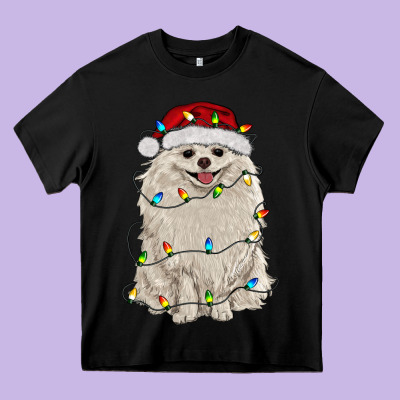 White Pomeranian With Christmas Lights Heavy Core Tee Designed By Ranaportraitstore