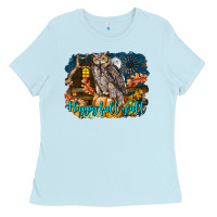 Baby Blue Happy Fall Y'all Owl Ladies Tee - LillyAllenDesigns