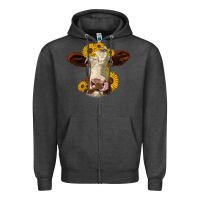 Charcoal Heather hereford cattle sunflowers heifer Zipper Hoodie - Jasminsmagicworld
