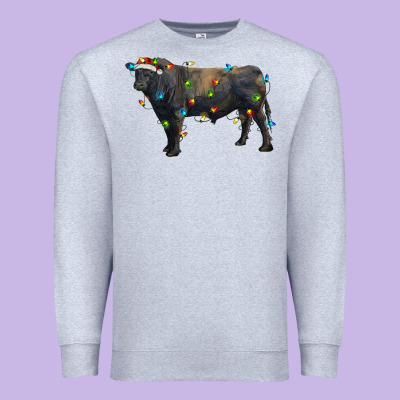 Christmas Black Angus Bull With Christmas Lights Premium Sweatshirt Designed By Ranaportraitstore