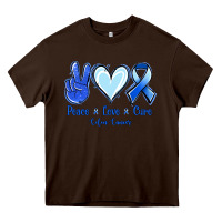 Chocolate Brown Peace Love Cure Colon Cancer Heavy Core Tee - Jasminsmagicworld