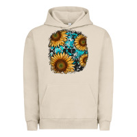Pigment French Oak sunflower cowhide and turquoise patches Urban Hoodie - RanaPortraitStore