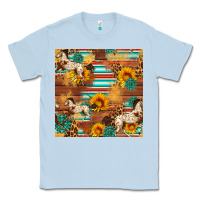Dusty Blue Western Horse Sunflowers Gemstone Seamless Pattern Classic Tee - FaDigitalArtStudio