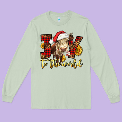 Joy To The World Christmas Cow Long Sleeve Tee Designed By Lillyallendesigns